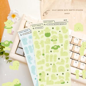 Caras verdes bobos | Folha de adesivos decorativos foscos | Diário, planejador, carregador superior | Adesivos fofos kawaii