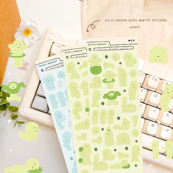 Silly green guys | Matte deco sticker sheet | Journaling, Planner, Toploader | Cute kawaii stickers