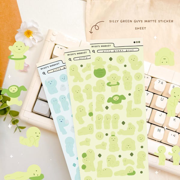 Silly green guys | Matte deco sticker sheet | Journaling, Planner, Toploader | Cute kawaii stickers