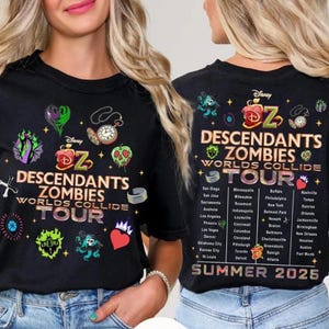 Two-sided Disney Descendants Zombies Worlds Collide Tour Shirt, Disney Channel Descendant Zombies World Tour Concert Music Festival Fan Gift