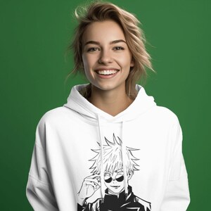 May include: White hoodie with a black and white illustration of an anime character wearing sunglasses.