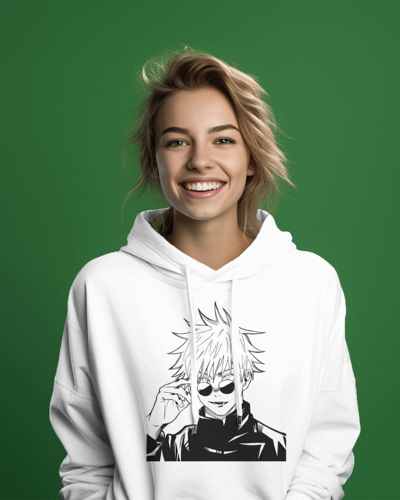 May include: White hoodie with a black and white illustration of an anime character wearing sunglasses.