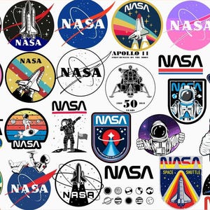 May include: A collection of various NASA-themed stickers featuring space shuttles, astronauts, planets, and the NASA logo in multiple styles, colors, and shapes, including circular, rectangular, and triangular designs with graphic illustrations.
