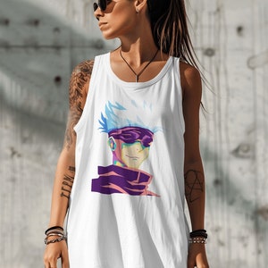 May include: White tank top with a colorful anime character illustration. The character has white hair, purple and blue sunglasses, and a purple scarf.