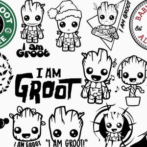 May include: A collection of black and white line art illustrations featuring Baby Groot in various poses and styles. Designs include text such as Baby Groot Coffee, I Am Groot, and Baby Groot All Star, alongside characters wearing hats, holding balloons, or listening to music.