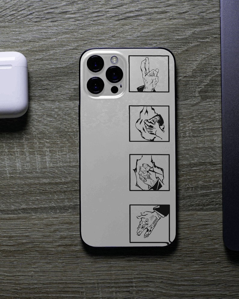 May include: A white iPhone case with a black outline and four black squares with a hand gesture in each square. The hand gestures are a thumbs up, a fist, a handshake, and a peace sign.