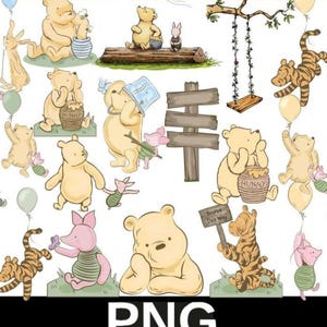 May include: A collection of whimsical illustrations featuring Winnie the Pooh and friends. The images include Pooh Bear, Piglet, Tigger, and Eeyore in various poses, with honey pots, balloons, and a wooden swing set. The color palette is soft and pastel.