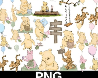 Paquete de imágenes prediseñadas vintage de Winnie the Pooh: imágenes PNG clásicas (descarga digital)