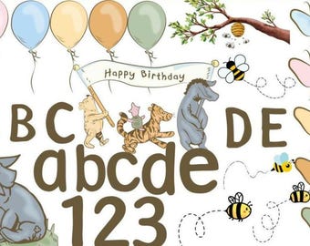 Winnie the Pooh Clipart Bundle: Classic Designs, Printable Font (Digital Download)