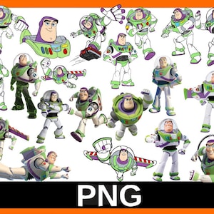 May include: A collection of Buzz Lightyear images in various poses and styles. The images feature the character in his signature green, white, and purple spacesuit, with a clear helmet and a determined expression. The word "PNG" is at the bottom.