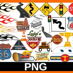 May include: A selection of cartoon graphics including road signs, flames, and logos. Features a Route 66 sign, a stop sign, and the number 95. The word "PNG" is at the bottom of the image.