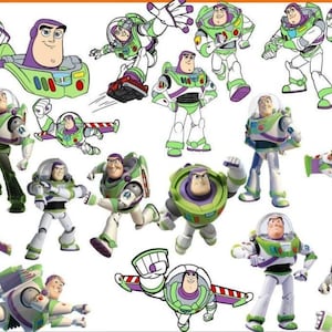 Op de afbeelding: Een verzameling illustraties met het personage Buzz Lightyear in verschillende houdingen. Het personage draagt een wit, groen en paars ruimtepak met een doorzichtige helmkoepel en toont diverse actiehoudingen, vliegposities en uitdrukkingen.