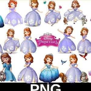 May include: A collection of Disney Princess Sofia the First character illustrations. The images feature Sofia in various poses, wearing different gowns in shades of blue, purple, and pink. Some images include animal companions and decorative elements.