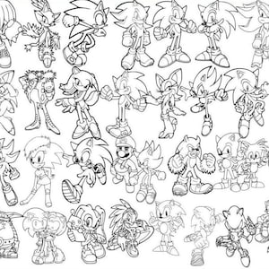 May include: A black and white line art illustration featuring a collection of various anthropomorphic characters from the Sonic the Hedgehog franchise, including Sonic, Shadow, Tails, Knuckles, and others in diverse poses and outfits.