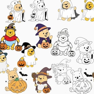 Könnte beinhalten: Eine Sammlung digitaler Illustrationen mit Winnie Puuh-Figuren in Halloween-Kostümen, darunter Geister, Hexen und Zauberer, die Kürbisse halten. Das Set enthält sowohl vollfarbige Designs als auch schwarz-weiße Strichzeichnungen.