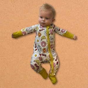 Breakfast Bamboo Baby Sleeper | Soft Infant Pajamas with Two-Way Zipper | Food Print Toddler Sleepwear | Eco-Friendly PJs