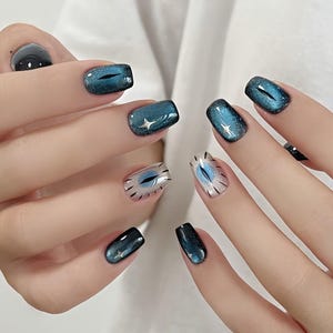 evil eye glitter cat eye nails, custom press on nails, hand painted Press On Nails, Gel Nails, Y2K Chrome Nails