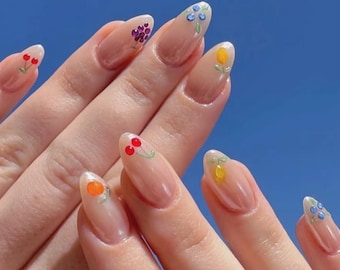 Y2K Chrome Press On Nails: Summer Fruit Hand Painted Gel Nails