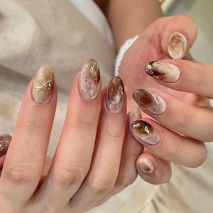 Earthy Gold Chrome Press On Nails: Hand Painted Gel Nails