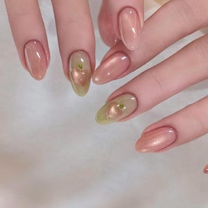 3D Peach Chrome Press On Nails: Hand Painted Y2K Gel Nails
