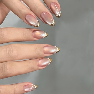 Gold French Tip Press On Nails: Cat Eye Chrome Gel Nails