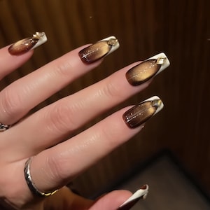 Brown cat eye French Press On Nails: hand made custom nails