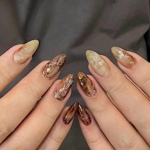 Earthy Gold Press On Nails: Hand Painted Y2K Chrome Gel Nails