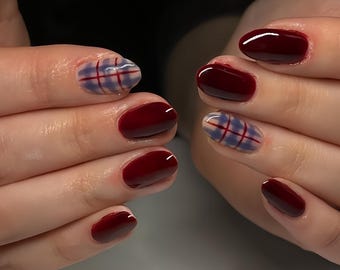 gingham hand painted Press On Nails:hand made custom Nails