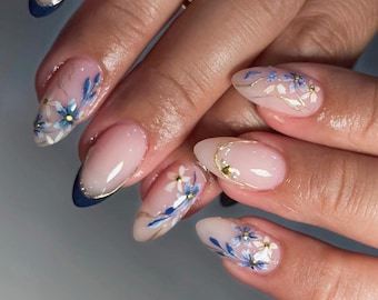 blue flower press On Nails: hand painted custom nails