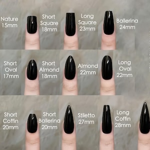 May include: A selection of black press-on nails showcasing different shapes and lengths. Styles include Nature (15mm), Short Square (18mm), Long Square (23mm), Ballerina (24mm), Short Oval (17mm), Short Almond (18mm), Almond (22mm), Long Oval (22mm), Short Coffin (20mm), Short Ballerina (20mm), Stiletto (27mm), Long Coffin (28mm), and Extra Long Stiletto (30mm).