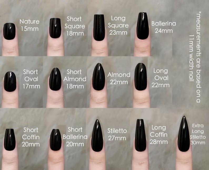 May include: A selection of black press-on nails showcasing different shapes and lengths. Styles include Nature (15mm), Short Square (18mm), Long Square (23mm), Ballerina (24mm), Short Oval (17mm), Short Almond (18mm), Almond (22mm), Long Oval (22mm), Short Coffin (20mm), Short Ballerina (20mm), Stiletto (27mm), Long Coffin (28mm), and Extra Long Stiletto (30mm).
