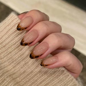 Leopard French Tip Press On Nails: Brown Marble Gel Nails