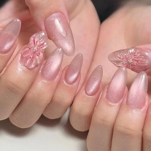 3D Flower Cat Eye Press On Nails: Y2K Chrome Gel Nails