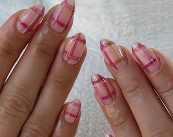 pink gingham press On Nails: hand painted custom nails