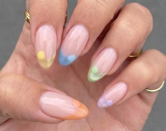 colourful French hand painted Press On Nails: custom reusable Nails