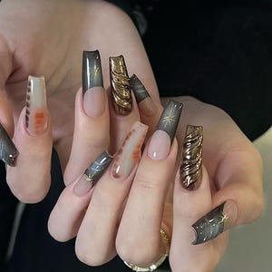 golden chrome 3d french nails, custom press on nails, hand painted Press On Nails, Gel Nails, Y2K Chrome Nails