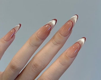glitter cat eye double french line Press On Nails: custom reusable Nails