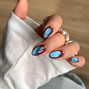 Red and Blue Cat Eye Press On Nails: Y2K Chrome Gel, Hand Painted