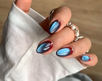 Red and Blue Cat Eye Press On Nails: Y2K Chrome Gel, Hand Painted