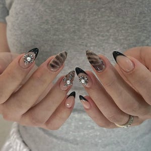 Y2K Chrome Press On Nails: Black French Tip Gel Nails