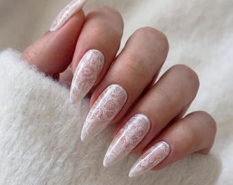 white lace hand painted Press On Nails:hand made custom Nails