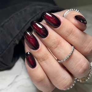 Red Black Aurora Press On Nails: Y2K Chrome Gel, Hand Painted