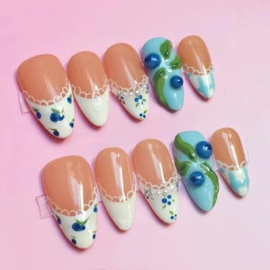 3D Blueberry Press On Nails: Y2K Chrome Gel, Hand Painted