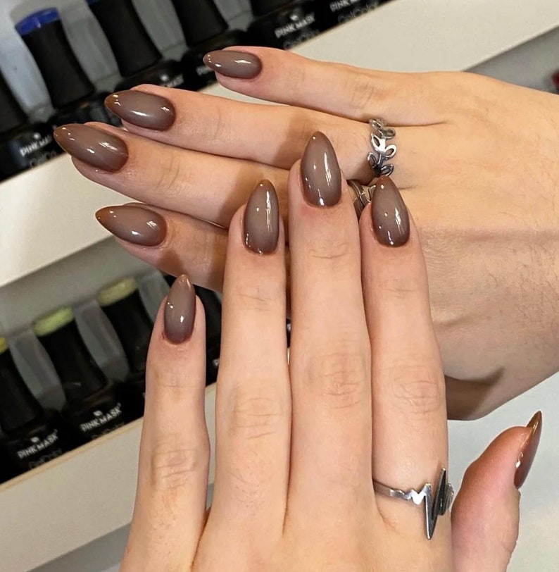 brown aurora ombre nails, custom press on nails, hand painted Press On Nails, Gel Nails, Y2K Chrome Nails image 1