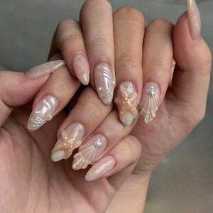 3D Sea Star Press On Nails: Y2K Chrome Gel, Hand Painted