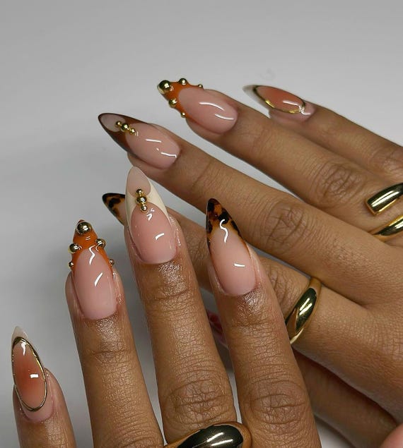 Earthy Tone French Tip Press on Nails: Y2K Chrome Gel Nails - Etsy