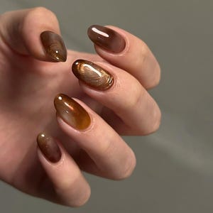 Gold Brown Ombre Press On Nails: Y2K Chrome Gel Nails