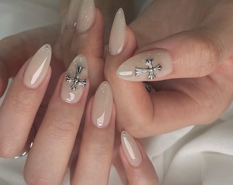 Silver Cross Press On Nails: Y2K Chrome Gel Nails