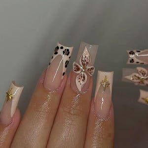 3D Flower Leopard Press On Nails: Y2K Chrome French Tip Gel Nails