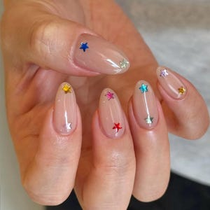 Y2K Chrome Star Press On Nails: Hand-Painted Colorful Gel Nails